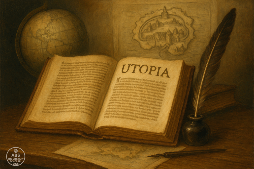 Open Renaissance manuscript labeled "UTOPIA" with a globe, inkpot, and hand-drawn island map.