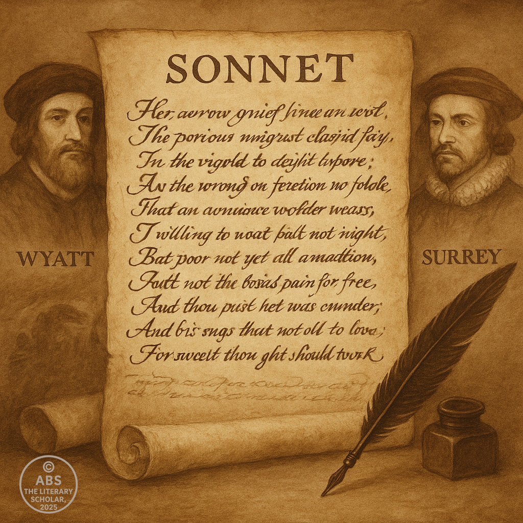 Stylized parchment with an English sonnet, flanked by faded portraits of Thomas Wyatt and Henry Howard, Earl of Surrey.