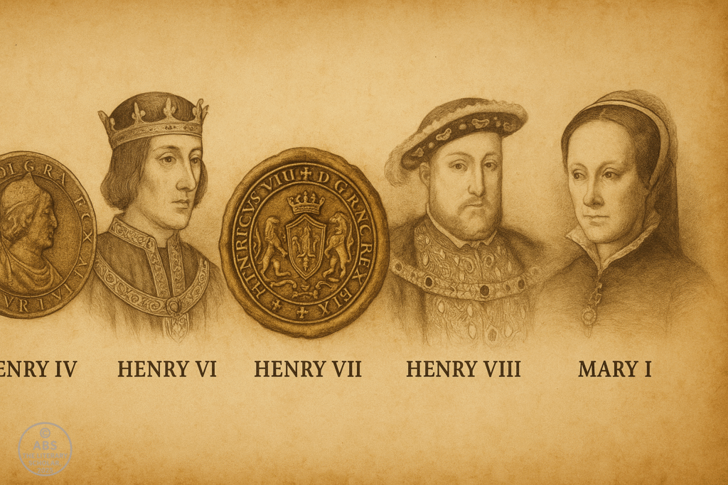 Parchment-style image with portraits and seals of Henry IV, Henry VI, Henry VII, Henry VIII, and Mary I.