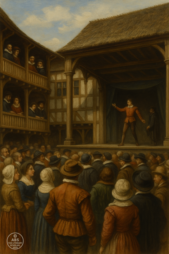 Outdoor performance at an Elizabethan playhouse with a bustling audience of all social classes watching actors on stage.
