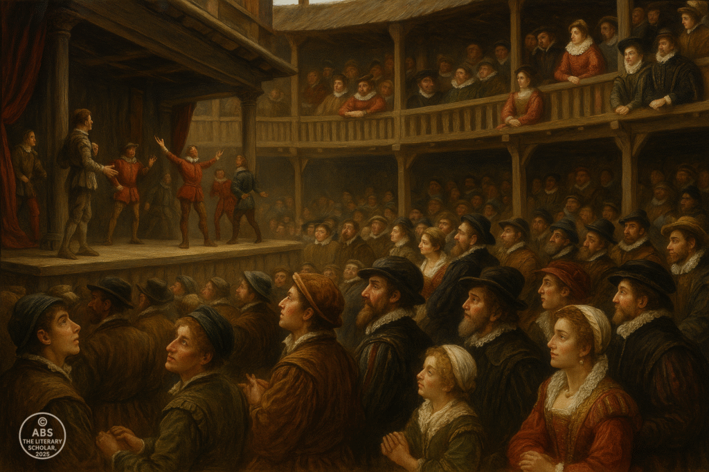 Varied Elizabethan theatre audience of nobles, merchants, and groundlings watching a lively play in a wooden open-air playhouse.