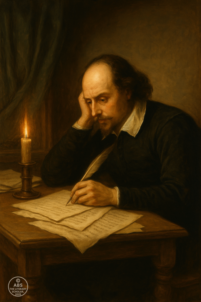 William Shakespeare writing by candlelight at a wooden desk, scattered early drafts illuminated by warm glow.
