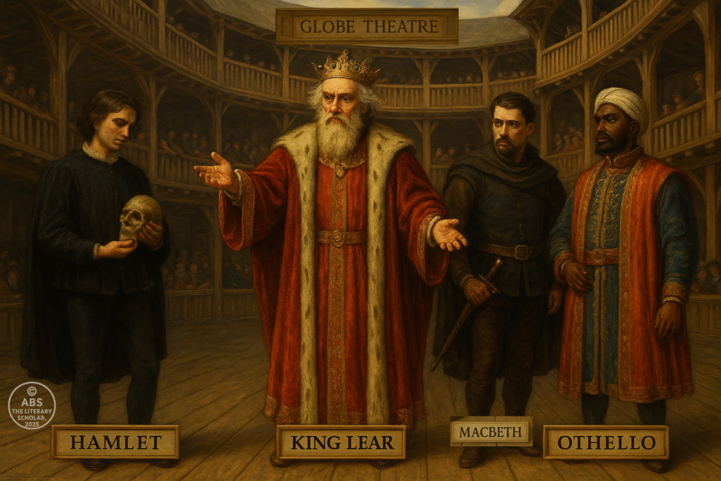 Realistic oil painting of King Lear, Hamlet, Macbeth, and Othello posed on the Globe Theatre stage with name tags and detailed costumes.