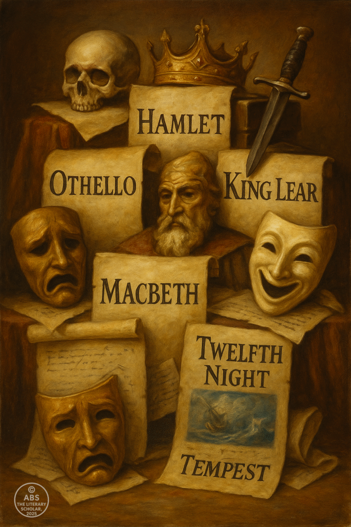 Baroque-style oil painting collage representing Shakespeare’s famous plays with scrolls labelled Hamlet, Othello, King Lear, Macbeth, Twelfth Night, and The Tempest, alongside theatrical masks, skull, crown, and dagger.