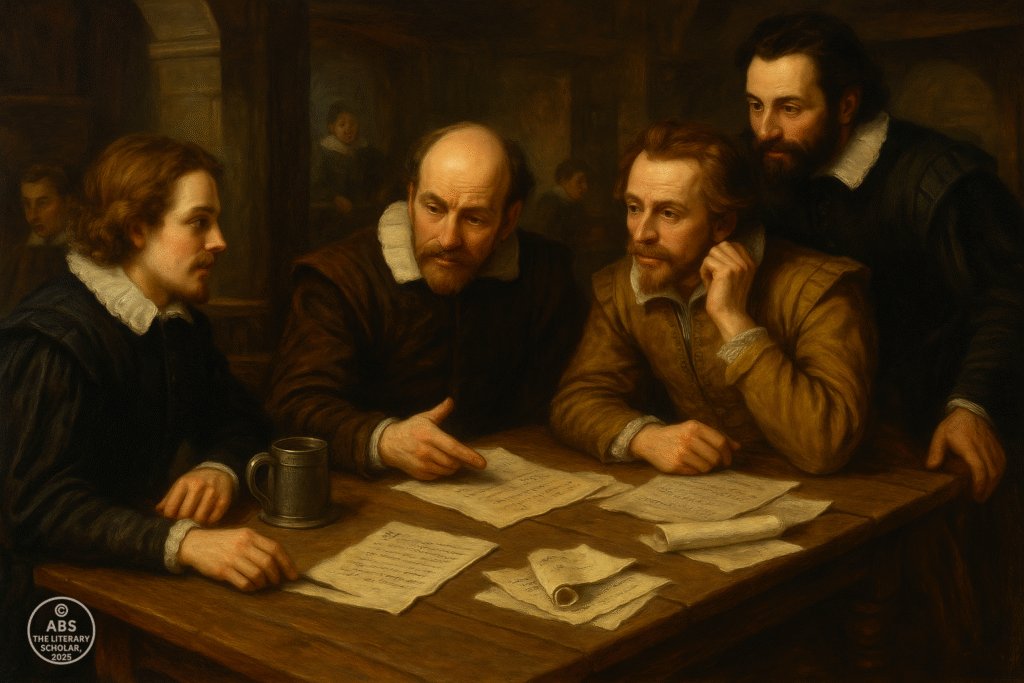 Baroque-style oil painting of four Elizabethan playwrights seated around a wooden table in a dimly lit tavern, discussing scripts and ideas over scattered parchment pages.