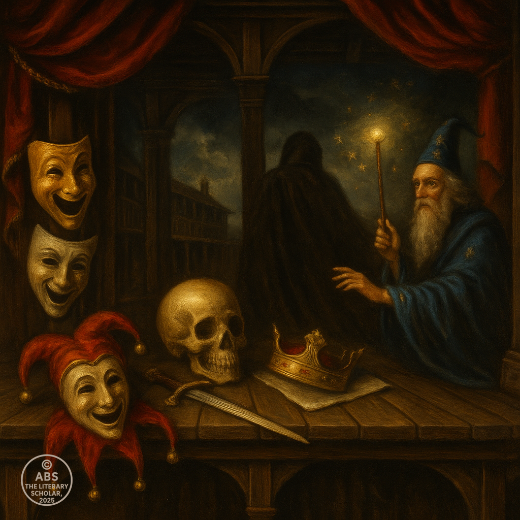 Baroque-style oil painting of an Elizabethan theatre stage layered with symbolic elements of comedy, tragedy, and magic—featuring comedy masks, a skull and crown, a jester’s hat, and a wizard holding a glowing staff.