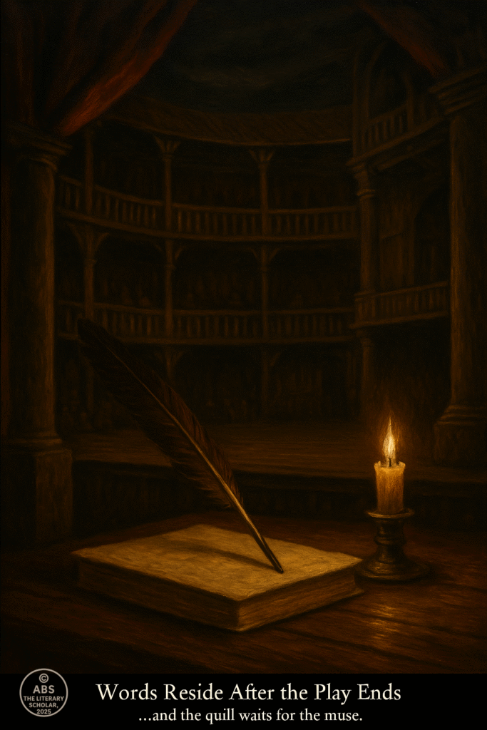 Baroque oil painting of an empty Globe Theatre stage with a quill resting on a closed manuscript and a candle flickering beside it.