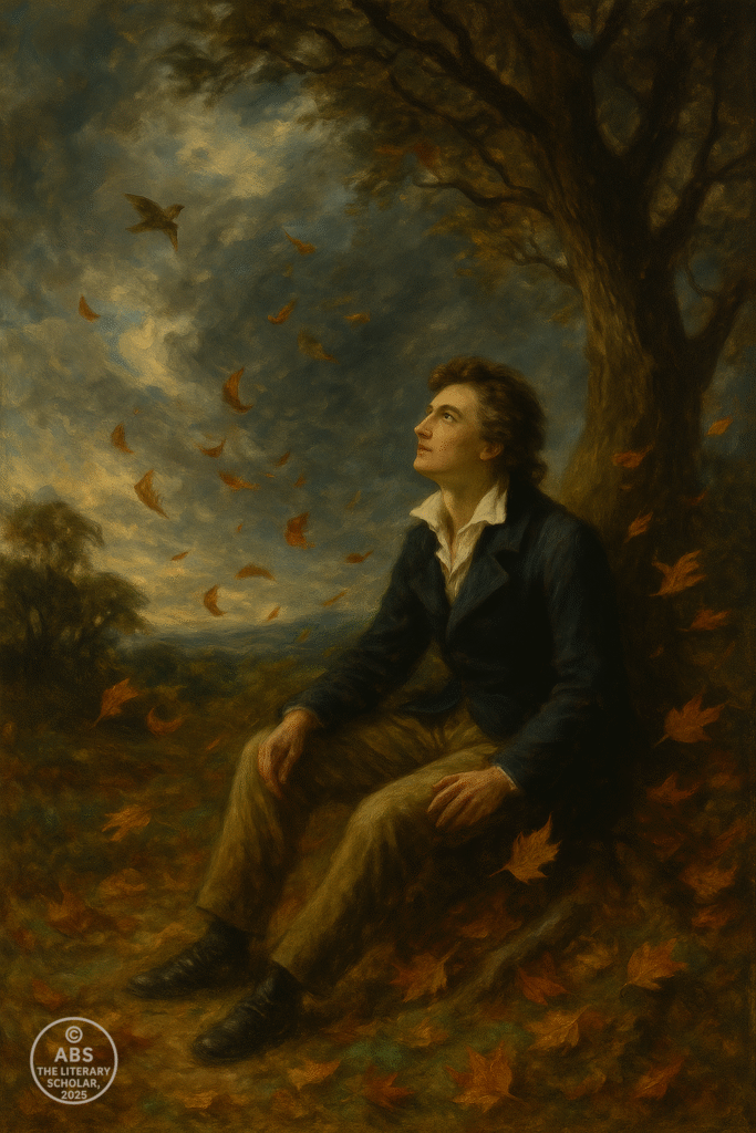 An oil painting in Romantic style showing Percy Bysshe Shelley seated beneath a wind-swept tree, watching autumn leaves fly on the West Wind, while a Skylark sings above in the swirling sky.