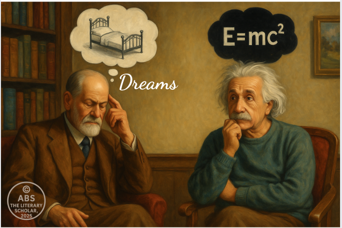 A realistic painting of Sigmund Freud and Albert Einstein sitting in deep thought; Freud visualizing a bed representing dreams and the unconscious, while Einstein contemplates his equation E=mc².