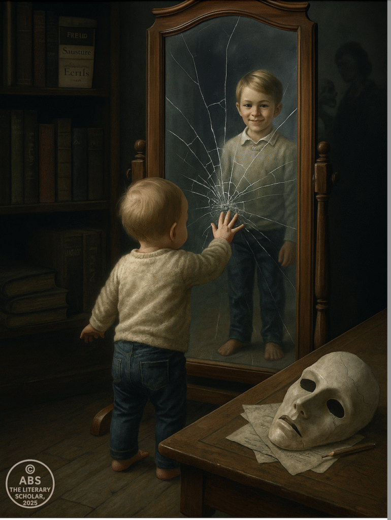 A symbolic photograph illustrating Jacques Lacan’s mirror stage, featuring a toddler gazing into a mirror, representing the decentered self and identity construction in postmodernism in literature.