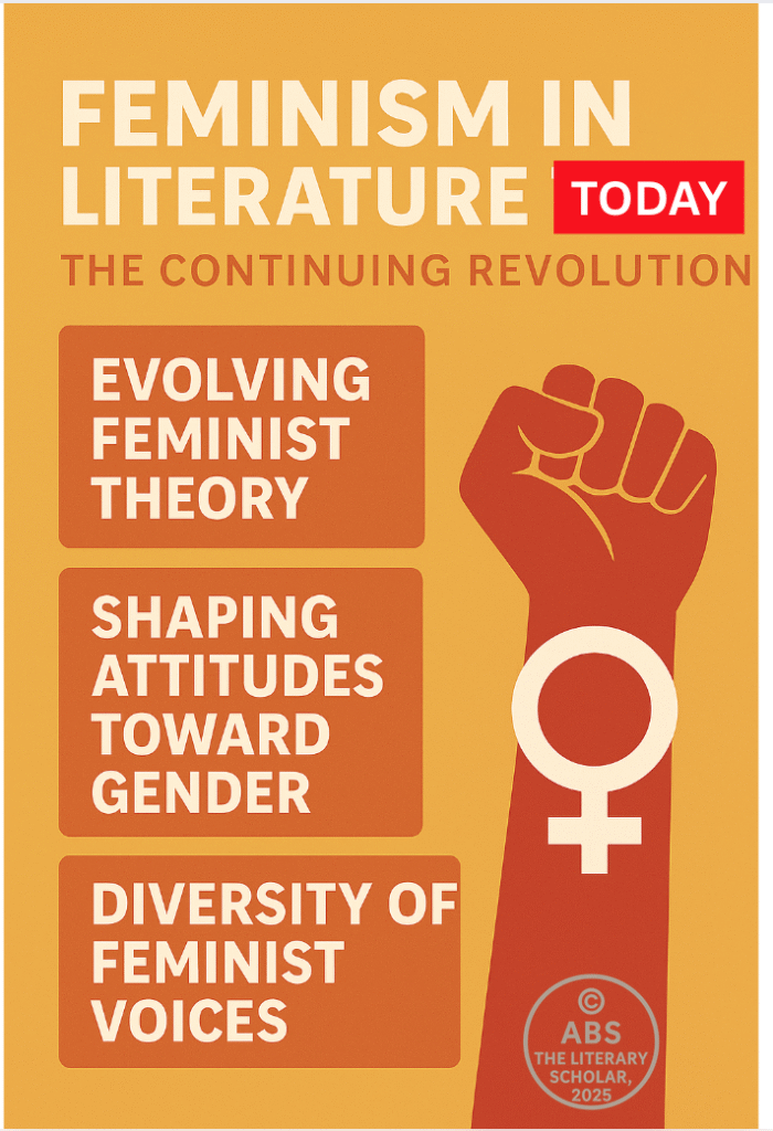 A vibrant digital poster featuring the title "Feminist Writers of the 21st Century: Voices of Change," with portraits of influential authors like Toni Morrison, Chimamanda Ngozi Adichie, Margaret Atwood, and Roxane Gay, showcasing their contributions to feminist literature in the 21st century.