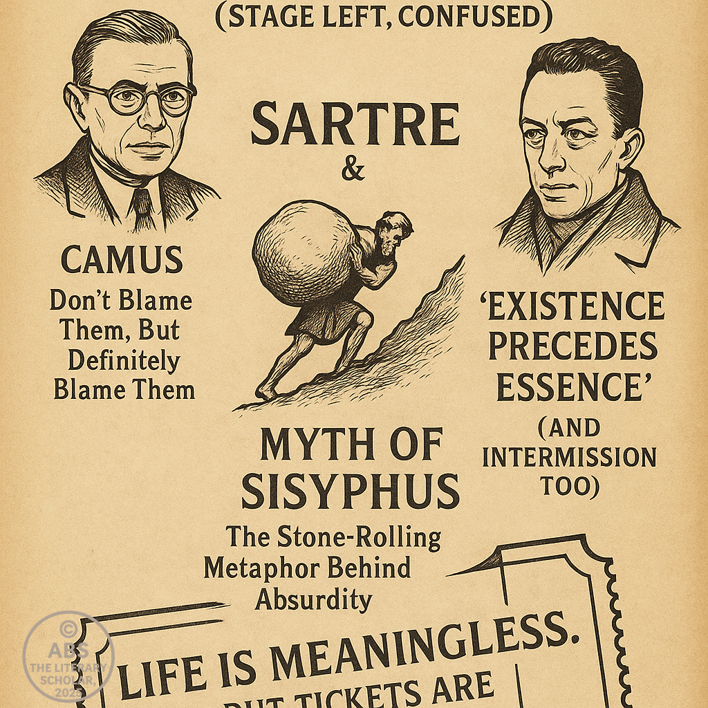 nfographic on absurd drama featuring Sartre, Camus, the Myth of Sisyphus, and the phrase “Existence precedes essence,” all styled on parchment with vintage illustrations.