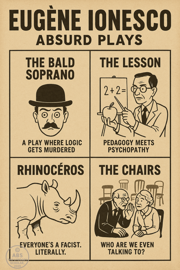 A vintage-style poster showing symbolic sketches from four absurd plays by Eugène Ionesco—The Bald Soprano, The Lesson, Rhinocéros, and The Chairs—illustrated with surreal and humorous imagery.