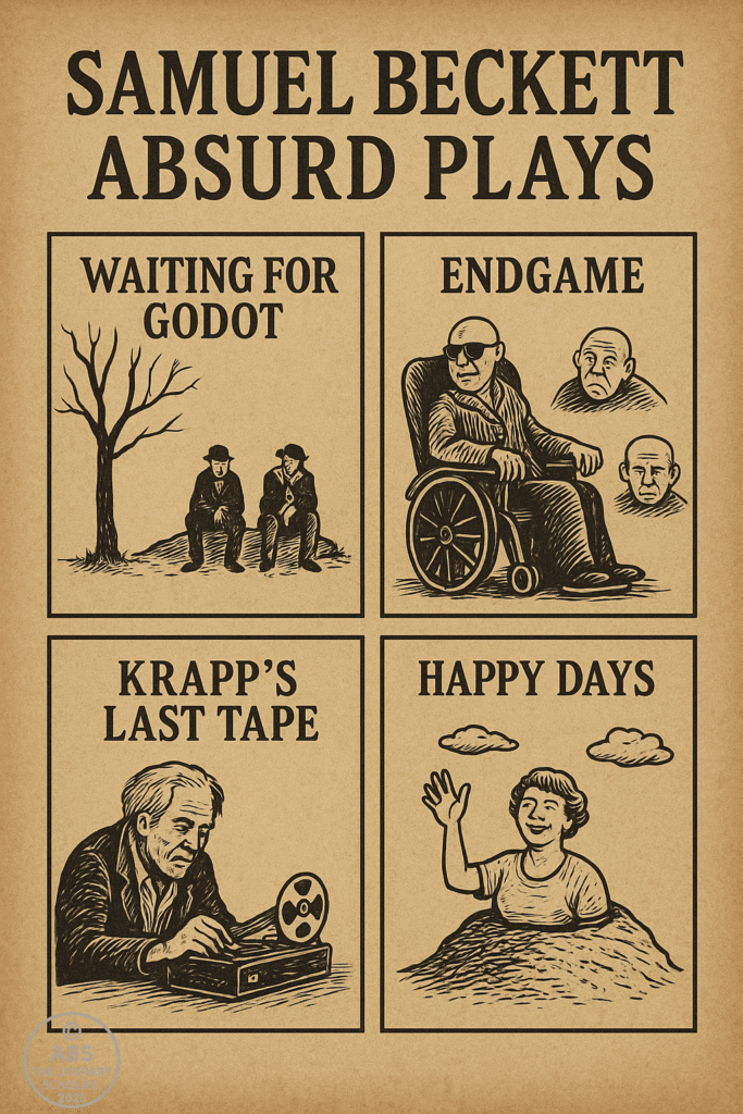 A parchment-style illustrated poster showcasing four iconic absurd plays by Samuel Beckett—Waiting for Godot, Endgame, Krapp’s Last Tape, and Happy Days—with symbolic vintage drawings.