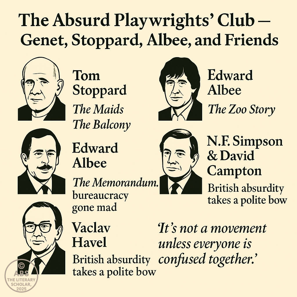 An infographic showcasing portraits of influential absurd playwrights Jean Genet, Tom Stoppard, Edward Albee, Vaclav Havel, N.F. Simpson, and David Campton, along with key works and notable quotes.