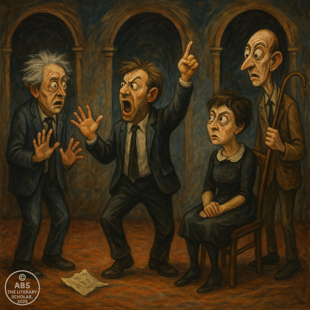 A surreal, absurdist stage scene featuring four characters in exaggerated poses, with crumbling arches in the background. The central figure is shouting dramatically while others react with confusion or concern, symbolizing the breakdown of communication in absurd theater.