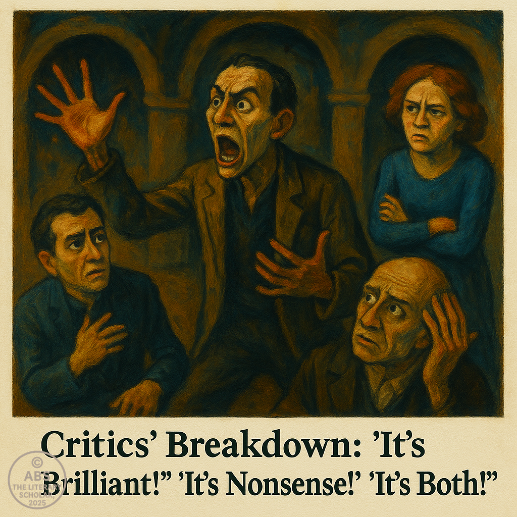 An expressive oil painting depicting four figures on stage, each reacting to an unseen event with exaggerated emotions. The central figure is shouting dramatically while the others respond with confusion or concern. Bold text beneath the image reads, “Critics' Breakdown: 'It's Brilliant!' 'It's Nonsense!' 'It's Both!'”