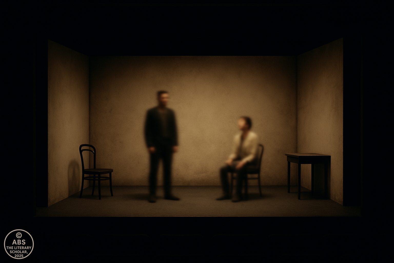 A minimalist stage scene with soft lighting, showcasing two blurred figures—one standing and one seated—facing each other. Simple wooden chairs and an unadorned table complete the sparse set, adding to the mysterious and contemplative atmosphere of the space.