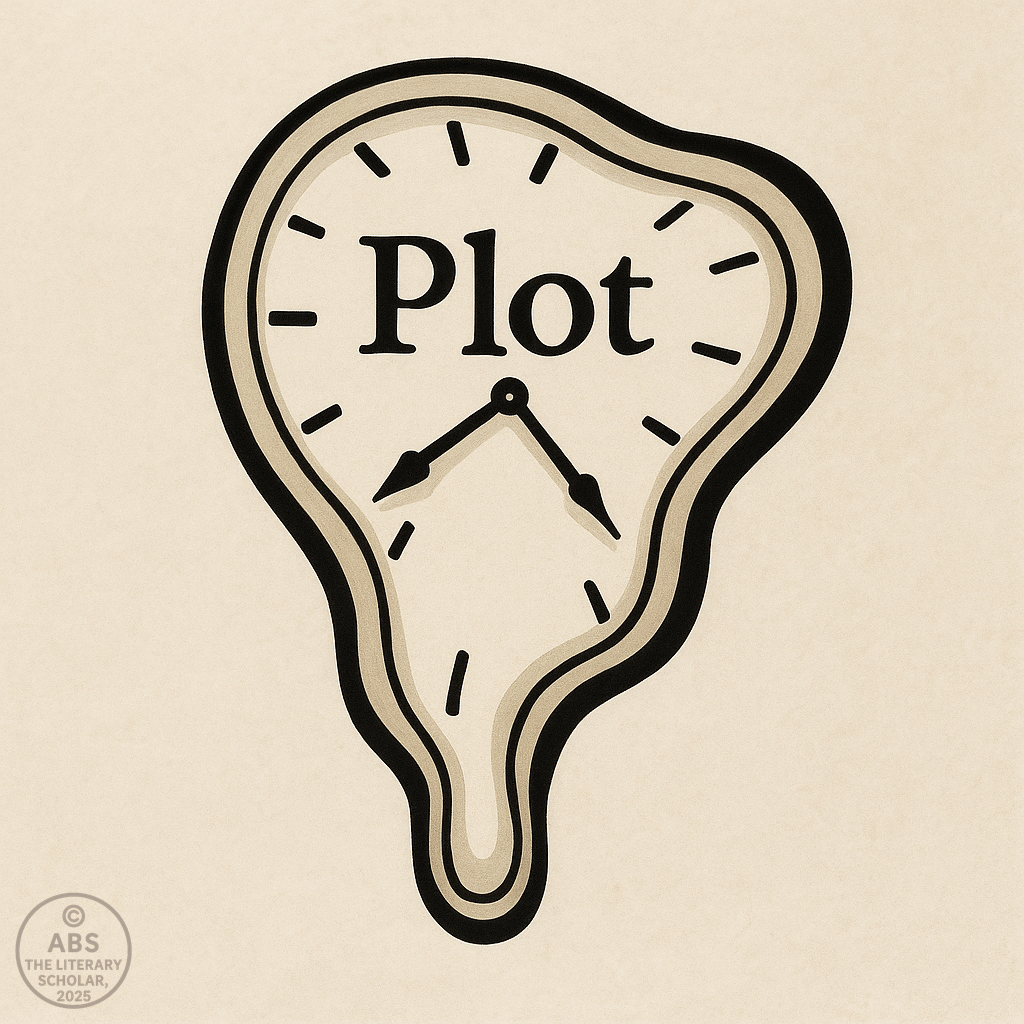 A Salvador Dalí-inspired clock, with the word "Plot" prominently displayed in bold black serif letters, melts in a surreal, distorted shape. The clock’s hands point to 10:00 and 11:30, and the design is set against a soft, off-white background with minimal details.