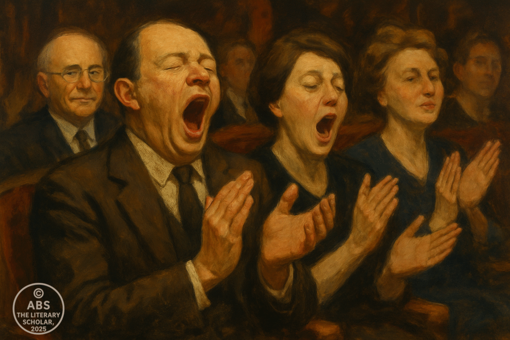 An oil painting showing four individuals in a theater audience. The first three are yawning while clapping, with expressions of boredom and weariness, while the fourth person in the background appears indifferent. The setting has a warm, reddish tone, evoking a sense of monotony.
