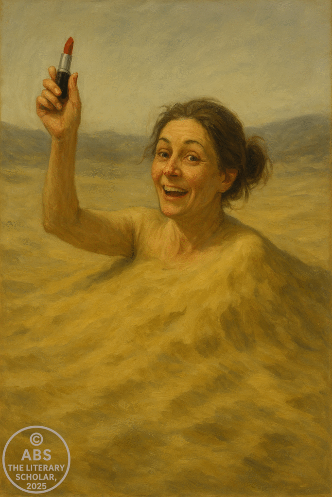 A surreal, figurative oil painting of a middle-aged woman partially buried in golden sand, holding a red lipstick in her raised hand. Her expression is joyful and reflective, contrasting with the barren, desolate sandy landscape around her.