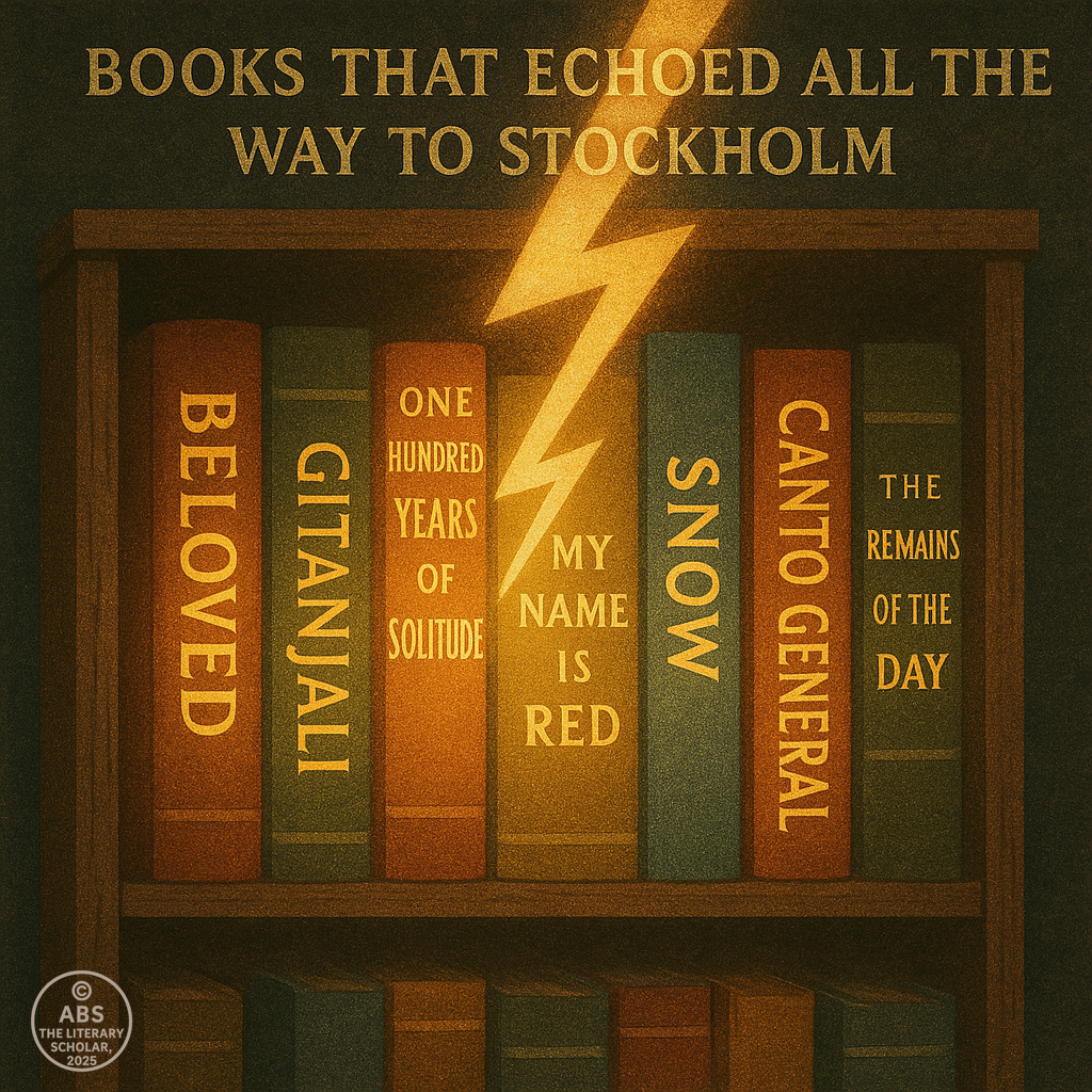 A glowing bookshelf hit by lightning; Nobel-winning titles visible.