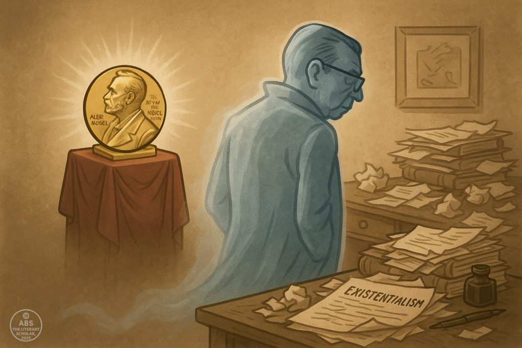 Sartre walks away from a shining Nobel Prize on a pedestal.