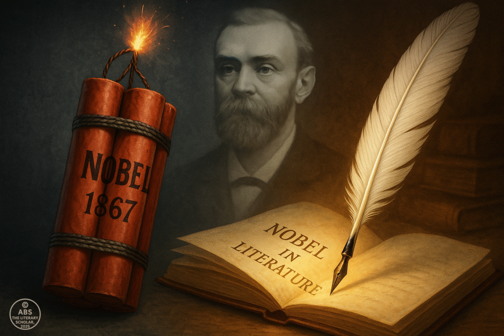 A split composition showing a dynamite stick on one side and a feather quill on the other, with Alfred Nobel’s ghostly silhouette in the background.