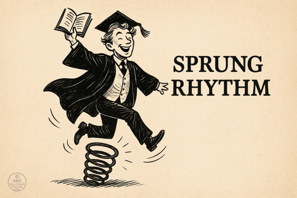 Sprung Rhythm in English Poetry, A cheerful academic in a graduation robe joyfully bouncing on a giant spring with a book in hand, representing Sprung Rhythm.