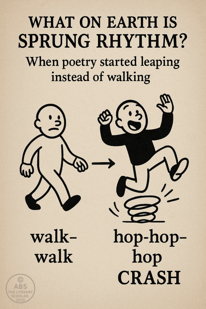 Sprung Rhythm in English Poetry, A visual comparison of two cartoon figures—one walking flatly labeled “walk-walk,” and the other joyfully bouncing on a spring labeled “hop-hop-hop CRASH”—illustrating the contrast between traditional meter and Sprung Rhythm.