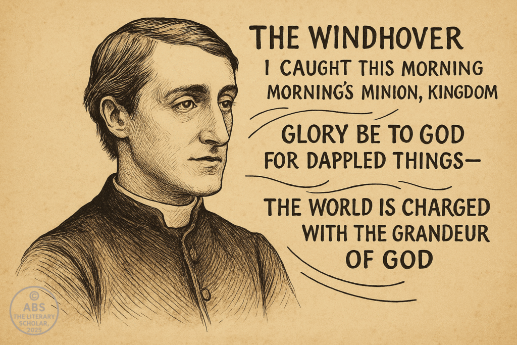 Sprung Rhythm in English Poetry, A sepia ink portrait of Gerard Manley Hopkins, with excerpts from his poems—“The Windhover,” “Pied Beauty,” and “God’s Grandeur”—curving rhythmically around him on a parchment background.