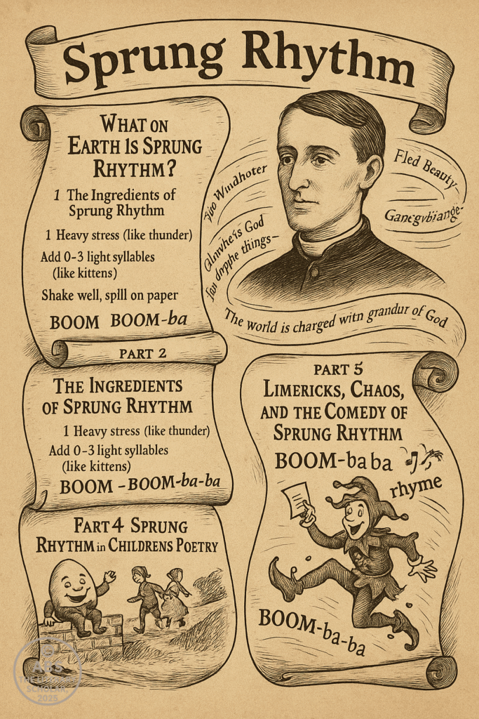 Sprung Rhythm in English Poetry, A vintage-style illustrated scroll featuring key concepts and images from the Sprung Rhythm series, including Gerard Manley Hopkins, poem excerpts, Humpty Dumpty, Jack and Jill, a jester, and rhythmic notations.