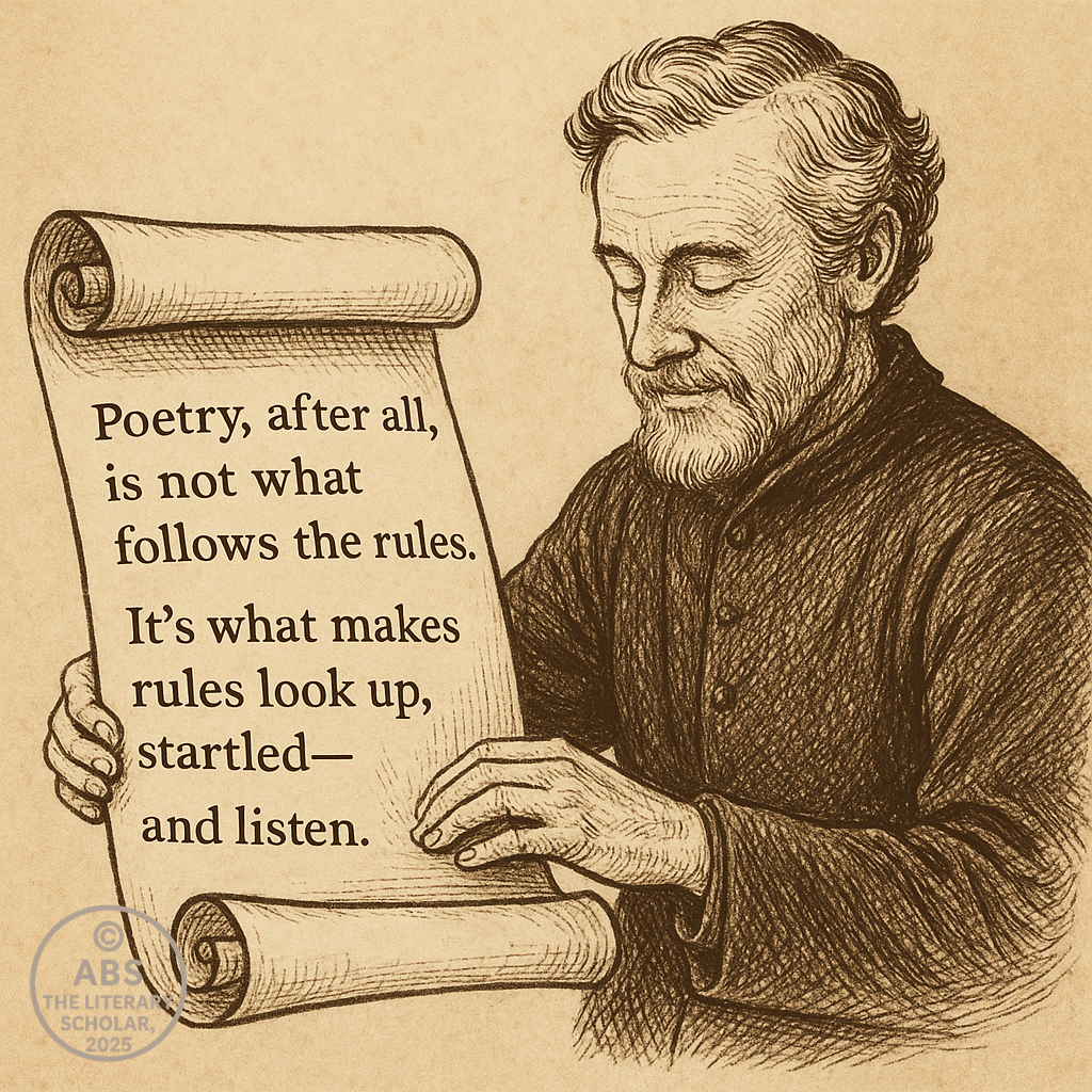 A wise scholar with a gentle smile folds a parchment scroll inscribed with the quote: “Poetry, after all, is not what follows the rules. It’s what makes rules look up, startled—and listen.”