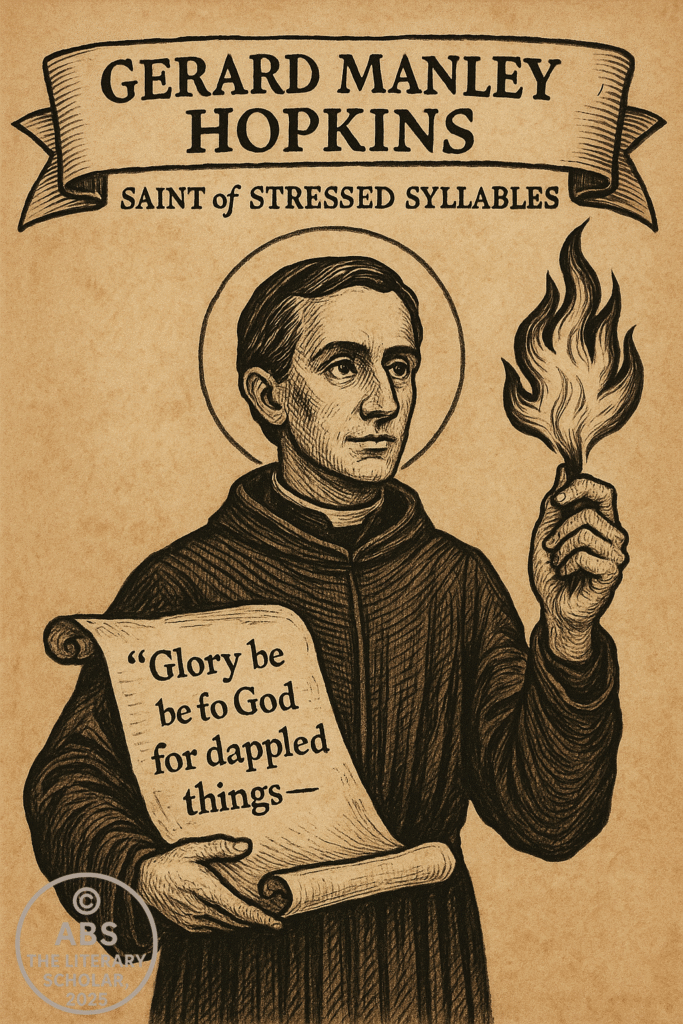 Sprung Rhythm in English Poetry, A vintage-style illustration of Gerard Manley Hopkins as a saintly figure holding a flaming torch in one hand and a scroll reading “Glory be to God for dappled things—” in the other, framed by a banner naming him “Saint of Stressed Syllables.”