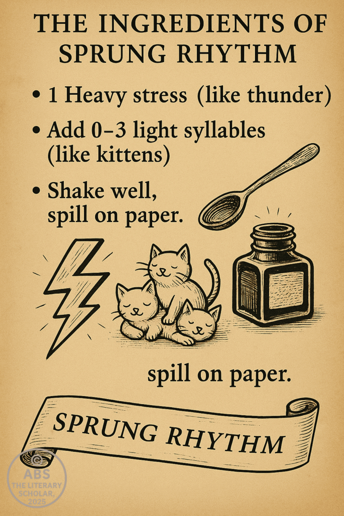 Sprung Rhythm in English Poetry, A vintage-style ink illustration listing the ingredients of Sprung Rhythm: one heavy stress like thunder, zero to three light syllables like kittens, and a command to shake well and spill on paper, accompanied by sketches of a lightning bolt, three kittens, a spoon, and an ink bottle.