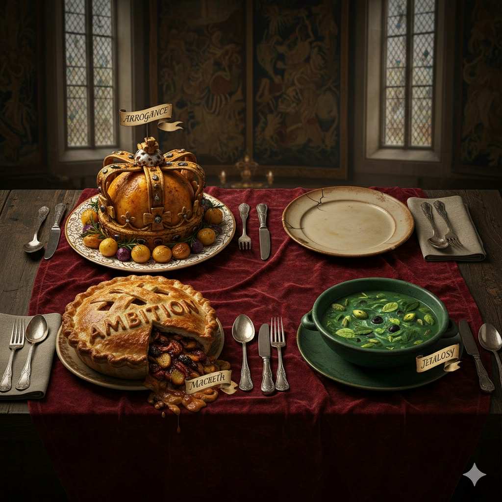 A realistic medieval banquet table with symbolic dishes of Shakespeare’s tragic heroes’ flaws: a crown-shaped roast labeled “Arrogance” for Lear, an empty cracked plate for Hamlet’s indecision, a pie spilling over with the word “Ambition” and a tag “Macbeth,” and a green soup labeled “Jealousy” for Othello.
