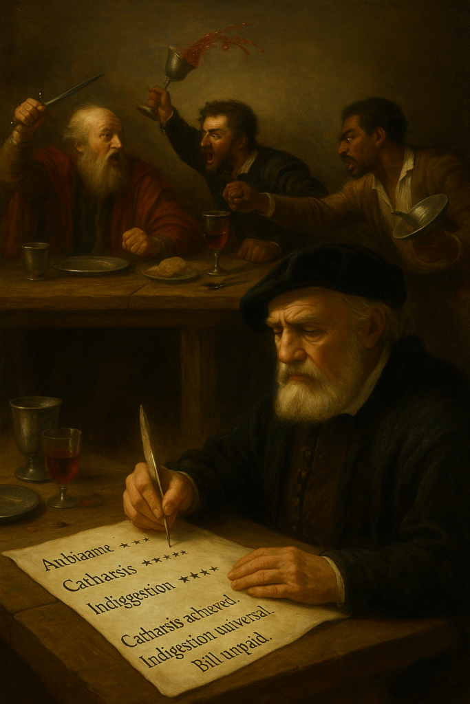 A realistic satirical painting of Aristotle as a modern food critic, scribbling on a parchment with a star rating sheet while Shakespeare’s tragic heroes brawl in the background, cutlery and wine flying.