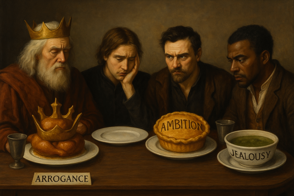 A realistic painting of Shakespeare’s tragic heroes dining with their flaws as food: King Lear with a crown-shaped roast, Hamlet with an empty plate, Macbeth with a pie overflowing with the word “Ambition,” and Othello with a bowl of green jealousy soup.