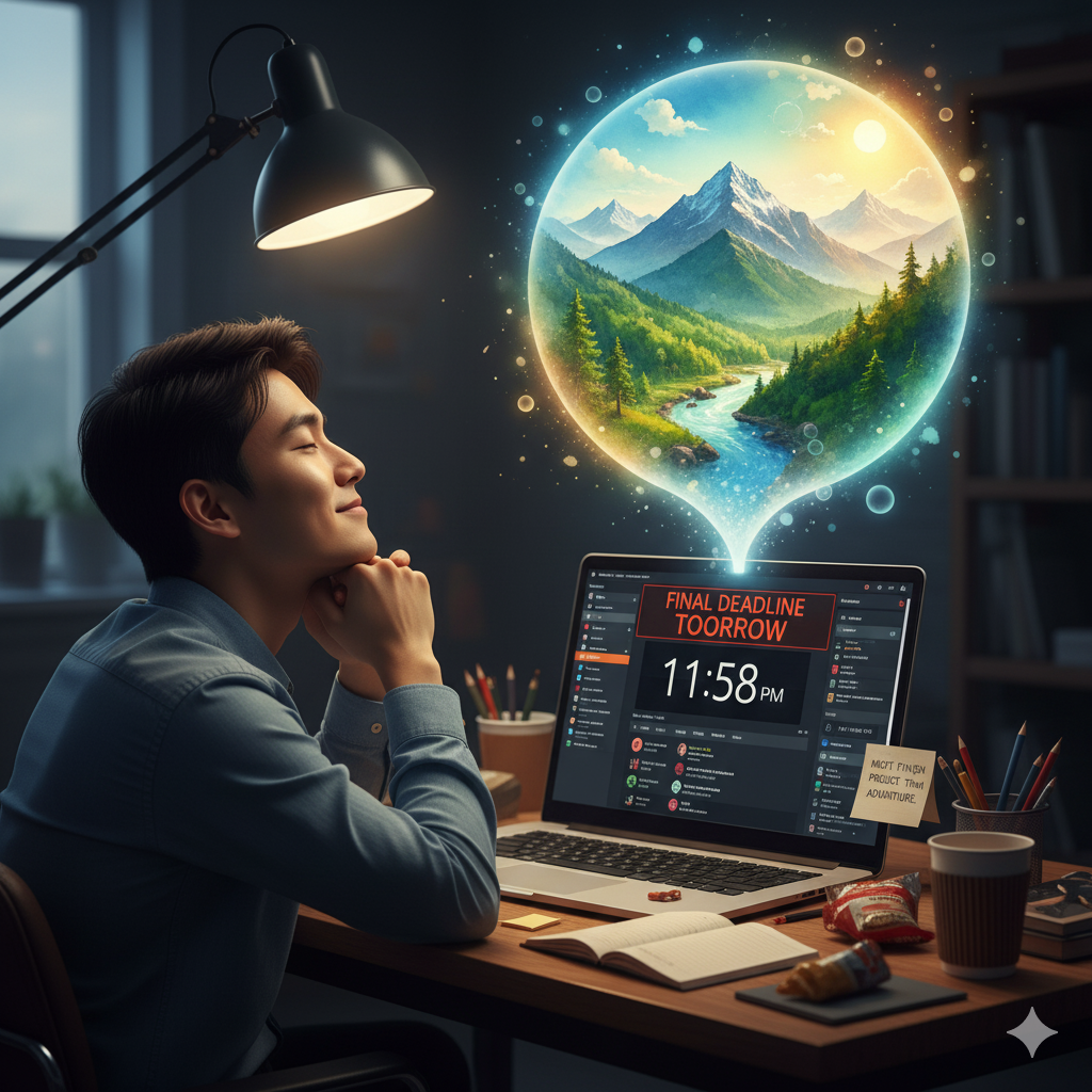 A split-screen image. The left side is sharp and in-focus, showing a close-up of a person's hand urgently typing on a laptop, with a prominent digital clock in the corner showing the time getting late. The right side is soft and dreamy, depicting the same person's face with a serene, far-off expression, superimposed with whimsical, abstract illustrations like floating clouds, a beach scene, or a person fishing in a tiny boat.