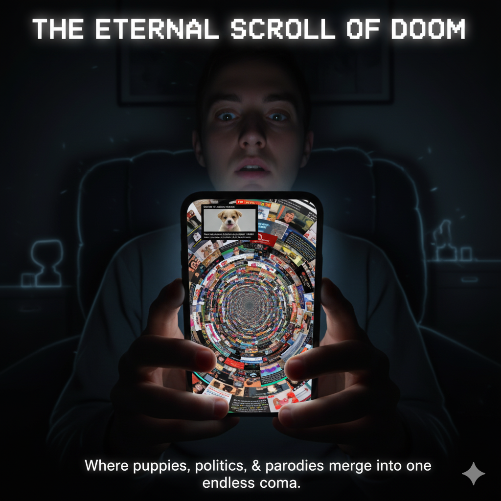 A first-person perspective shot of a person's face illuminated by the glow of a smartphone screen, with their eyes wide and glazed over, suggesting a state of trance. The screen's content is a chaotic collage of disparate elements: a cute puppy video, a serious news headline about politics, and a funny viral meme, all seemingly stacked on top of each other in an infinite scroll.