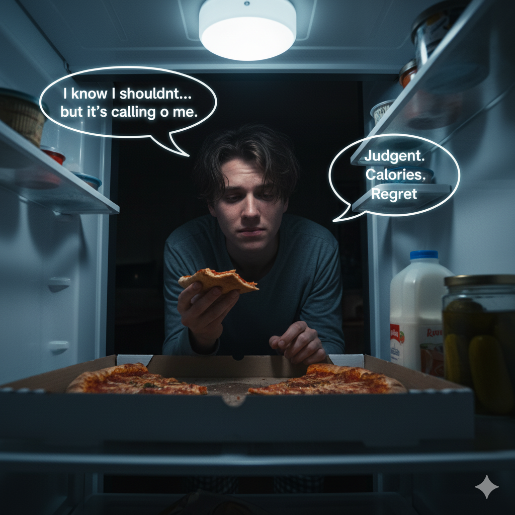 Alt Text: A first-person perspective image looking down into a brightly lit, half-open refrigerator. The light from inside casts a stark glow on the person's pajama-clad legs and bare feet. Inside the fridge, a lonely box of leftover pizza is prominently featured, surrounded by other half-empty containers and a single bottle of soda.