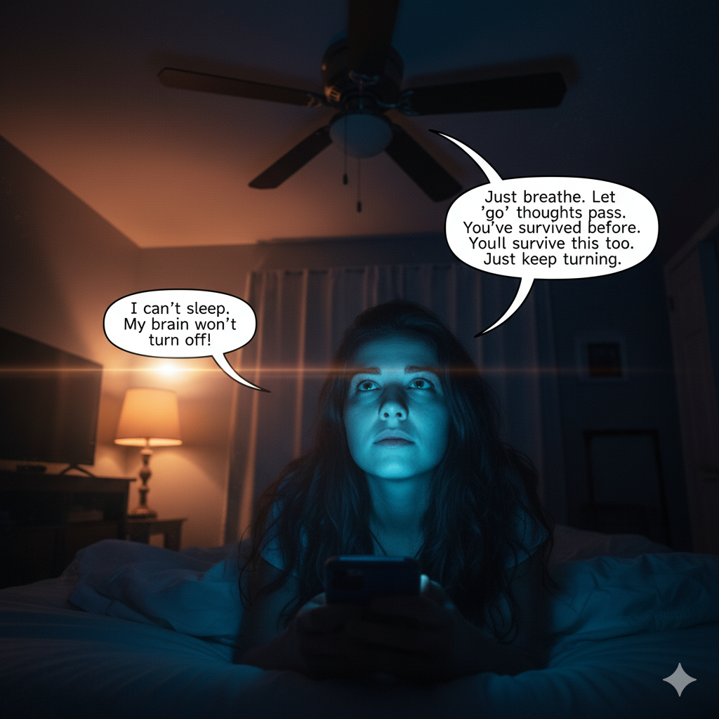 A first-person perspective image from a person lying in bed, looking up at a slowly rotating ceiling fan in a dimly lit room. The fan is the only clear object, its blades a soft blur as they turn. The rest of the room is dark and out of focus, conveying a sense of solitude and sleeplessness.