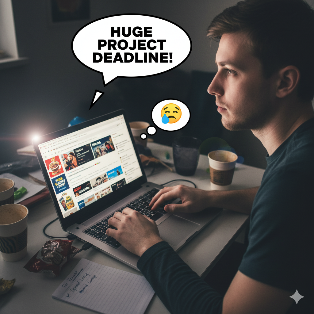 A close-up shot of a person's hands on a keyboard, with their fingers positioned as if typing, but their face, visible in the background and slightly out of focus, is looking blankly into the distance. The computer screen is a chaotic mosaic of multiple, half-open browser tabs showing a variety of unrelated topics like cat videos, news articles, and online shopping.