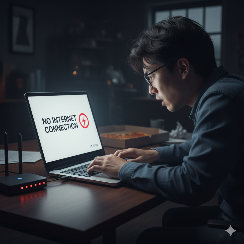 A close-up, dramatic shot of a laptop screen at 11:59 PM, with a progress bar for a document upload frozen just short of completion. The Wi-Fi symbol is grayed out and the clock is prominent, showing the time is one minute before midnight, indicating a deadline. The user's hand is visible, hovering over the mouse in frustration.