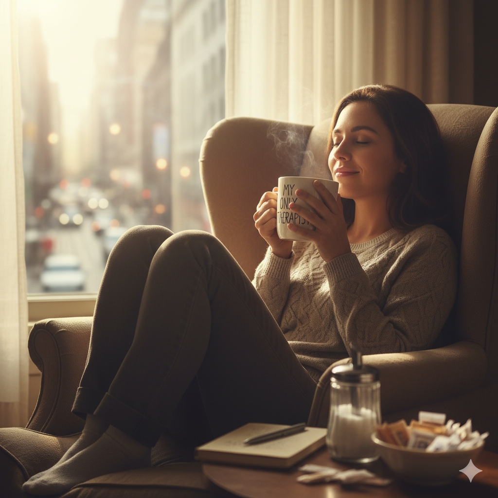 Alt Text: A close-up, dramatic shot of a steaming mug of coffee, held by a person with their head in their other hand, appearing tired or stressed. The mug is the central, in-focus element, while the background is softly blurred, showing a chaotic desk with papers, a laptop, and maybe a clock. The steam from the coffee curls upward, symbolizing a sense of comfort.