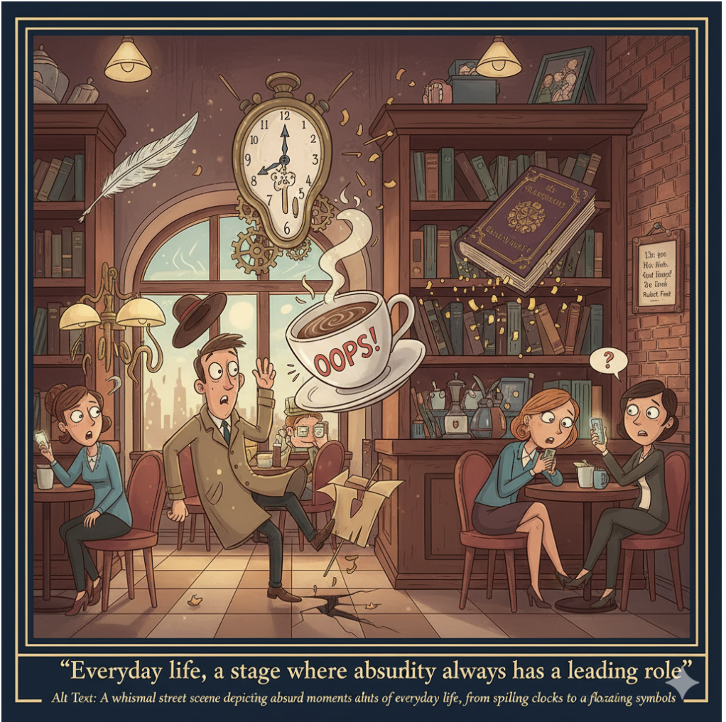 A whimsical street scene depicting absurd moments of everyday life, from spilling coffee to melting clocks and floating literary symbols”