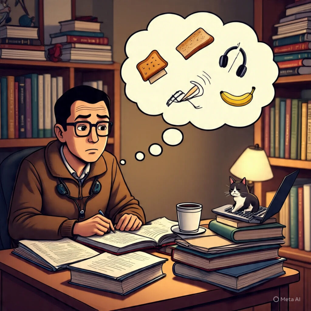 “Scholar at a desk observing humorous absurdities around them, with flying papers, playful cat, and doodles of daily chaos”