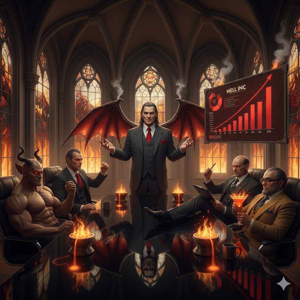 A realistic oil painting of Pandemonium imagined as a corporate boardroom. Satan sits at the head of an obsidian table in a CEO suit with singed wings. Beelzebub holds a clipboard, Moloch pounds the table, Belial lounges with a lava martini, and Mammon shows brimstone charts. Gothic windows frame the scene, with fire pits doubling as coffee machines.