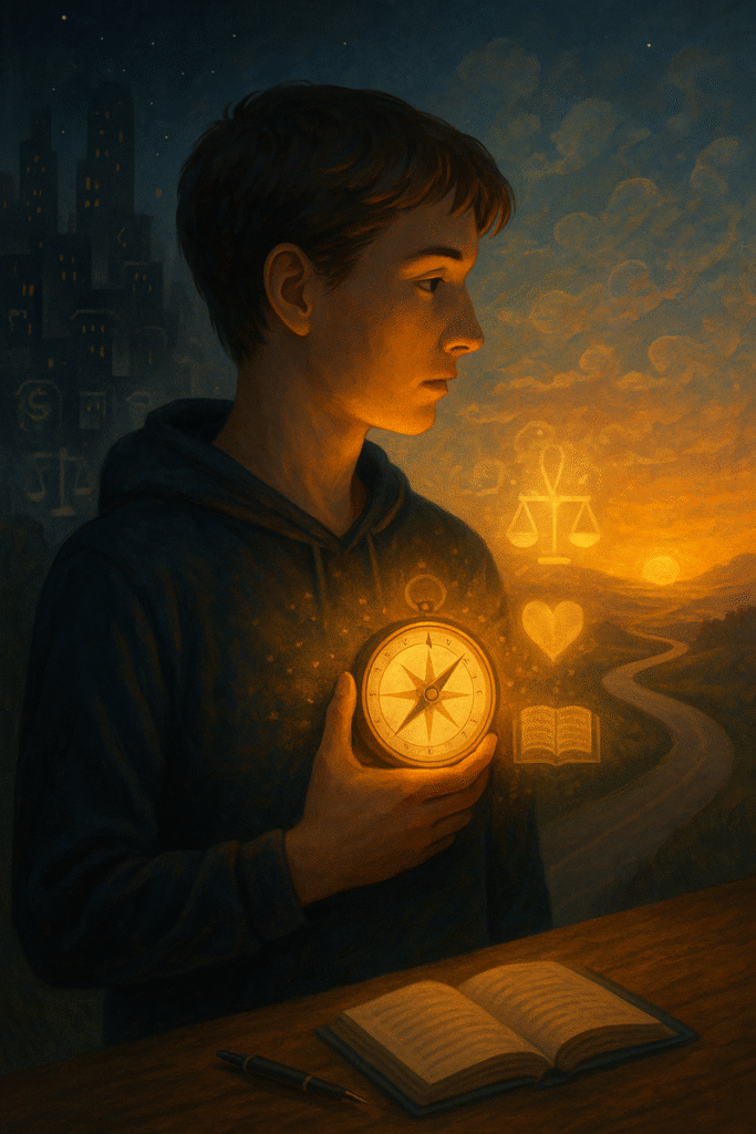 A person stands at a twilight crossroads holding a glowing compass near their heart, symbolizing moral guidance and self-reflection.