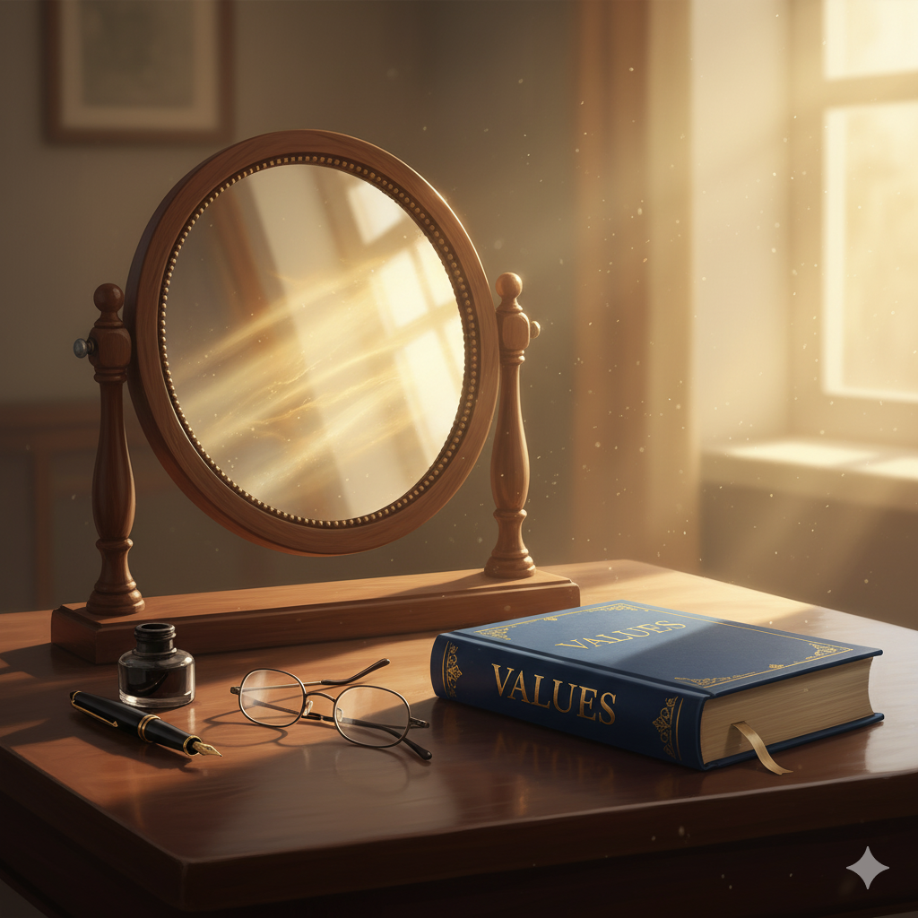 A glowing reflection of light in a mirror, symbolizing the human conscience.